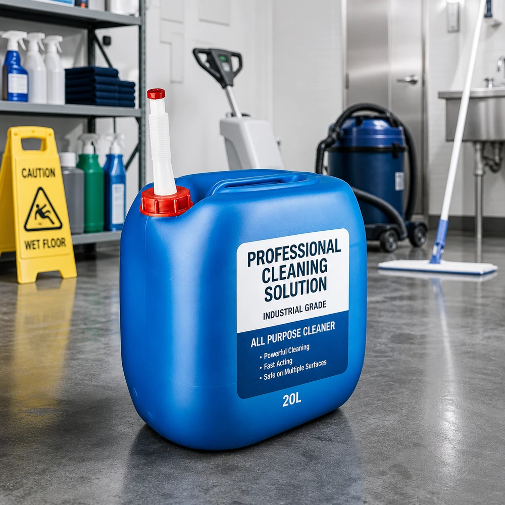 Kanister 30 Liter blau mit Auslaufrohr Flex Transportkanister 30L in Blau mit weißem Flex-Auslaufrohr in professioneller Reinigungsumgebung