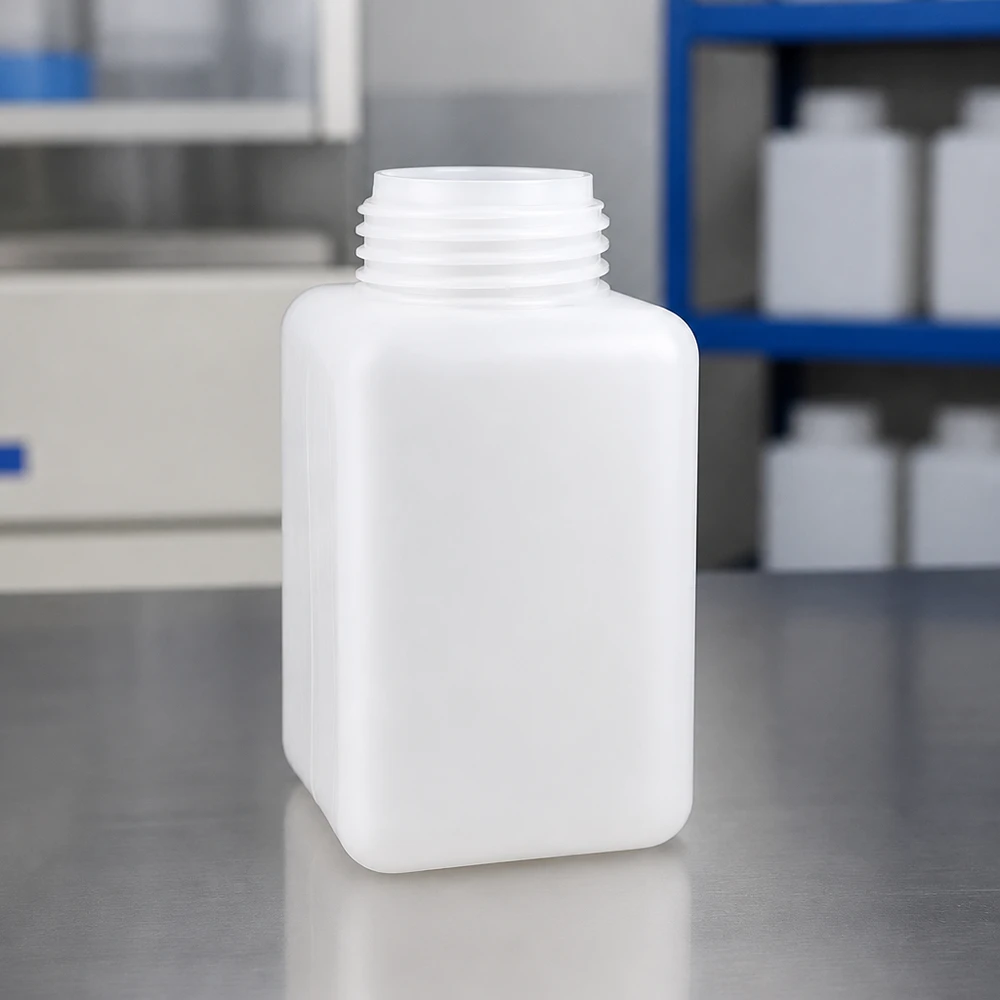 Bouteille rectangulaire à col large de 1 000 ml en polyéthylène haute densité, couleur naturelle, destinée à un usage en laboratoire