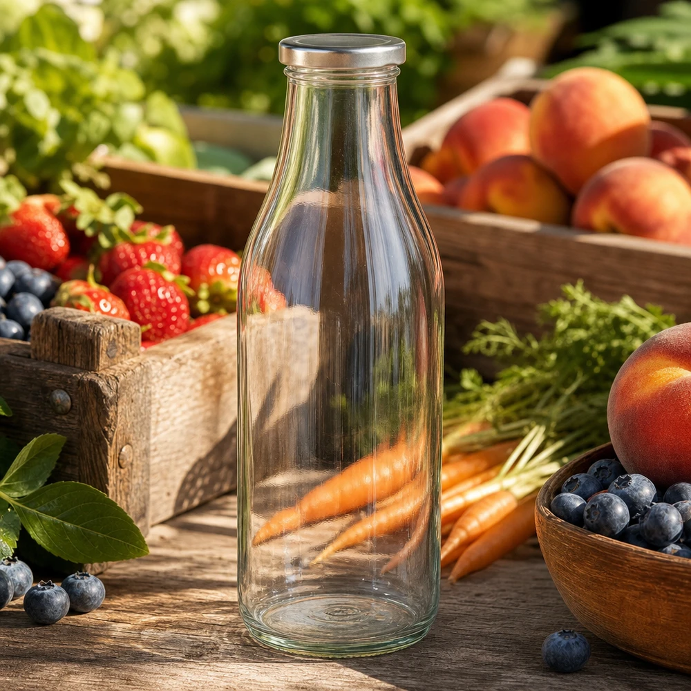 Bottiglia di vetro da 1000 ml + coperchio BasicSeal argento UN.. Bottiglia in vetro da 1000ml BasicSeal argento tra frutta e verdura fresca su tavolo di legno atmosfera naturale da bancarella