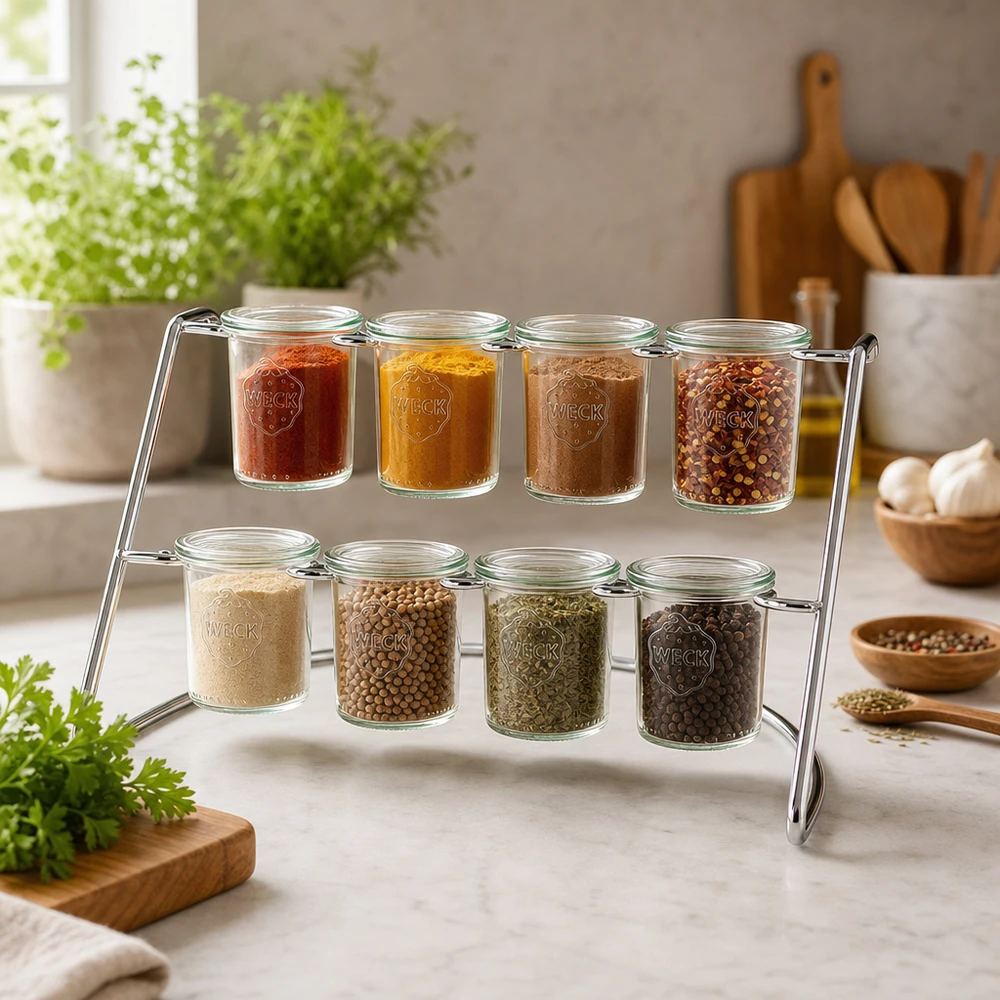 Présentoir Flato8 pour 8 bocaux WECK Serviergestell Flato8 mit Gewürzen und Kräutern in WECK Gläsern als Gewürzregal in moderner Küche mit Kräutertöpfen