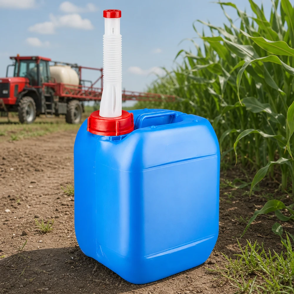Bidon 5 litres bleu avec tube de vidange Flex Bidon Agrarkanister de 5 litres, bleu, avec bec verseur flexible et couvercle rouge, devant un champ de maïs et un tracteur