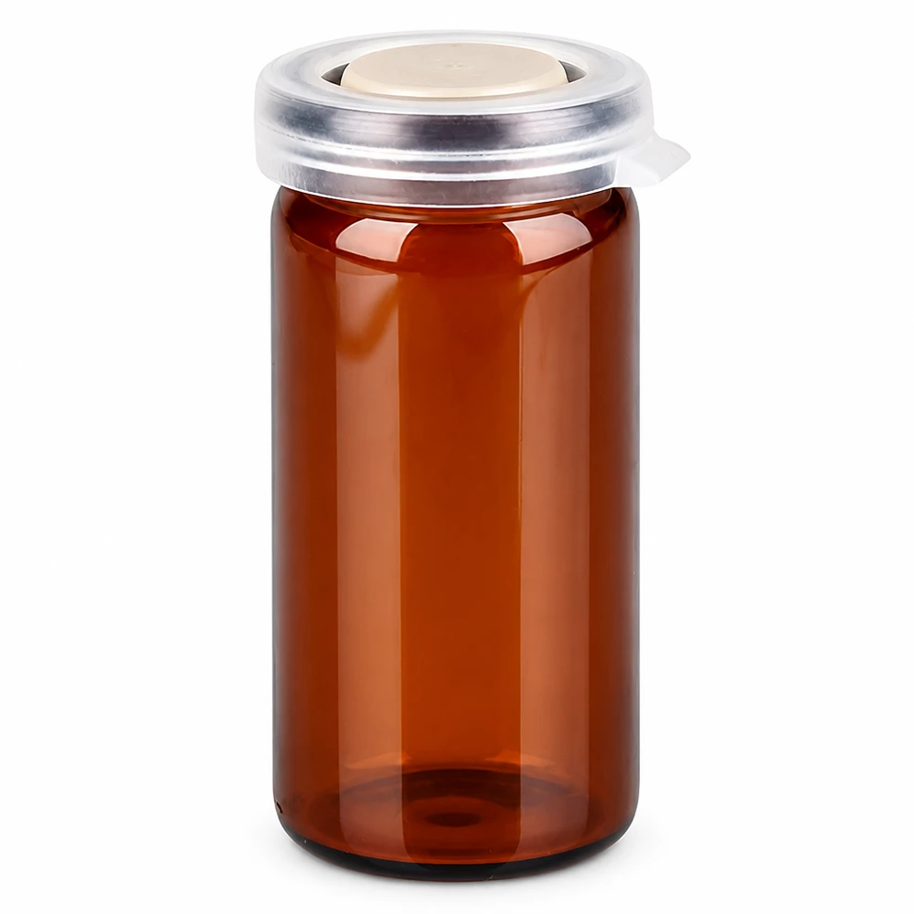 Pot à comprimés 10 ml ambré, avec bouchon à déclic Flacon en verre brun à bord roulé de 10 ml avec bouchon à encliqueter, pour comprimés et gélules