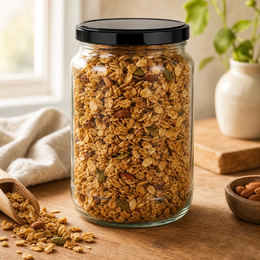 Muesli di granola in barattolo rotondo da 1700 ml nero BasicSeal Coperchio di legno Paletta per frutta secca conservazione cereali