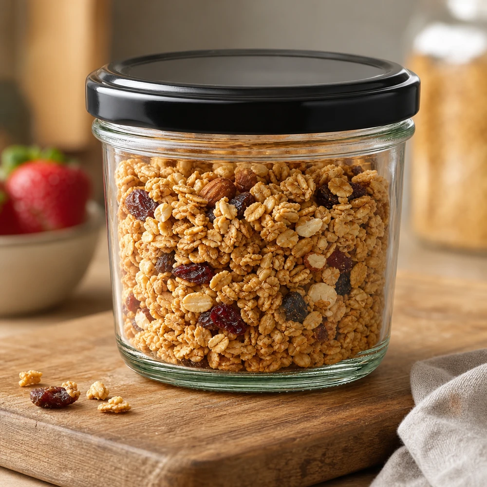 Un vaso da 230 ml riempito di muesli e frutta secca mostra un uso versatile per la conservazione degli alimenti