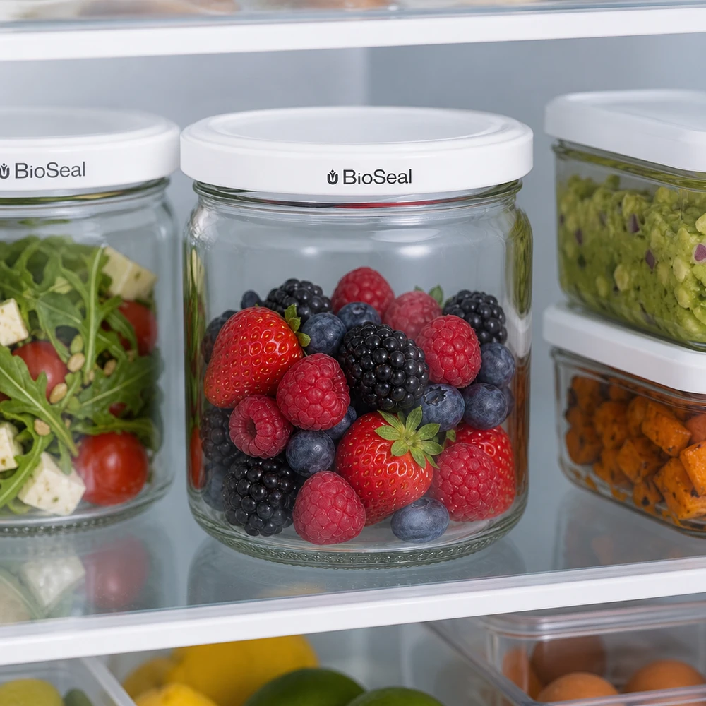 408ml Rundglas mit BioSeal Deckel weiß UNiTWIST UNiTWIST Runda408 im Kühlschrank mit frischen Beeren gefüllt - optimale Frischhaltung von Obst mit BioSeal Deckel