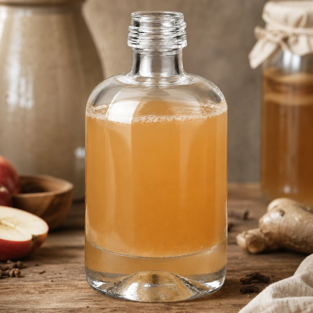 Bottiglia in vetro da 40 ml Sara senza tappo a vite UNiTWIST® Bottiglia in vetro da 40 ml Sara con contenuto ambrato in un ambiente rustico con spezie e frutta senza tappo
