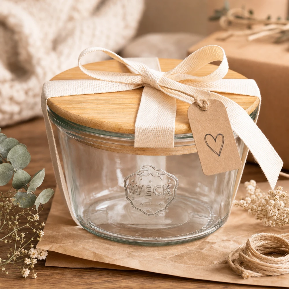 370ml Sturzglas WECK RR100 mit Holzdeckel WECK Sturzglas RR100 mit Holzdeckel als Geschenk verpackt mit cremefarbener Schleife und Herzanhänger