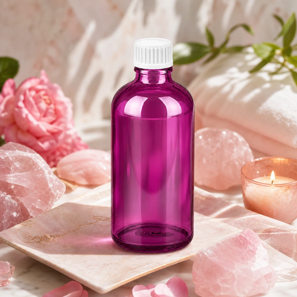 100ml (Globuli)Flasche 3mm Giessring weiß Standard PurpleLine. UT18/100 Dekorative violette 100ml Glasflasche mit elegantem Design für Beauty-Produkte