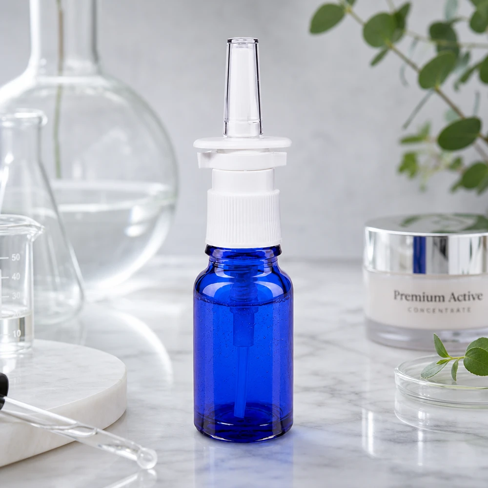 Apothekenflasche blau 10ml Nasenzerstäuber weiß Standard Nachfüllbare 10ml Nasensprayflasche aus UV-Schutzglas mit weißem Dosierpumpaufsatz