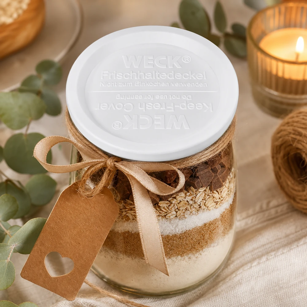 Couvercle fraîcheur WECK RR120 WECK Couvercle fraîcheur RR120 sur bocal d'ingrédients de cuisson avec chocolat flocons d'avoine beige ruban Décoration cuisine