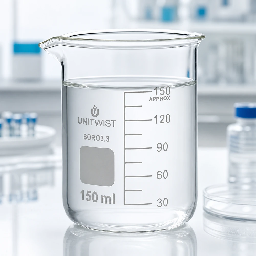 Bicchiere 150ml borosilicato, stampo basso UNiTwist Bicchiere UNiTwist da 150 ml in borosilicato 3.3, di forma bassa, riempito con acqua limpida in laboratorio