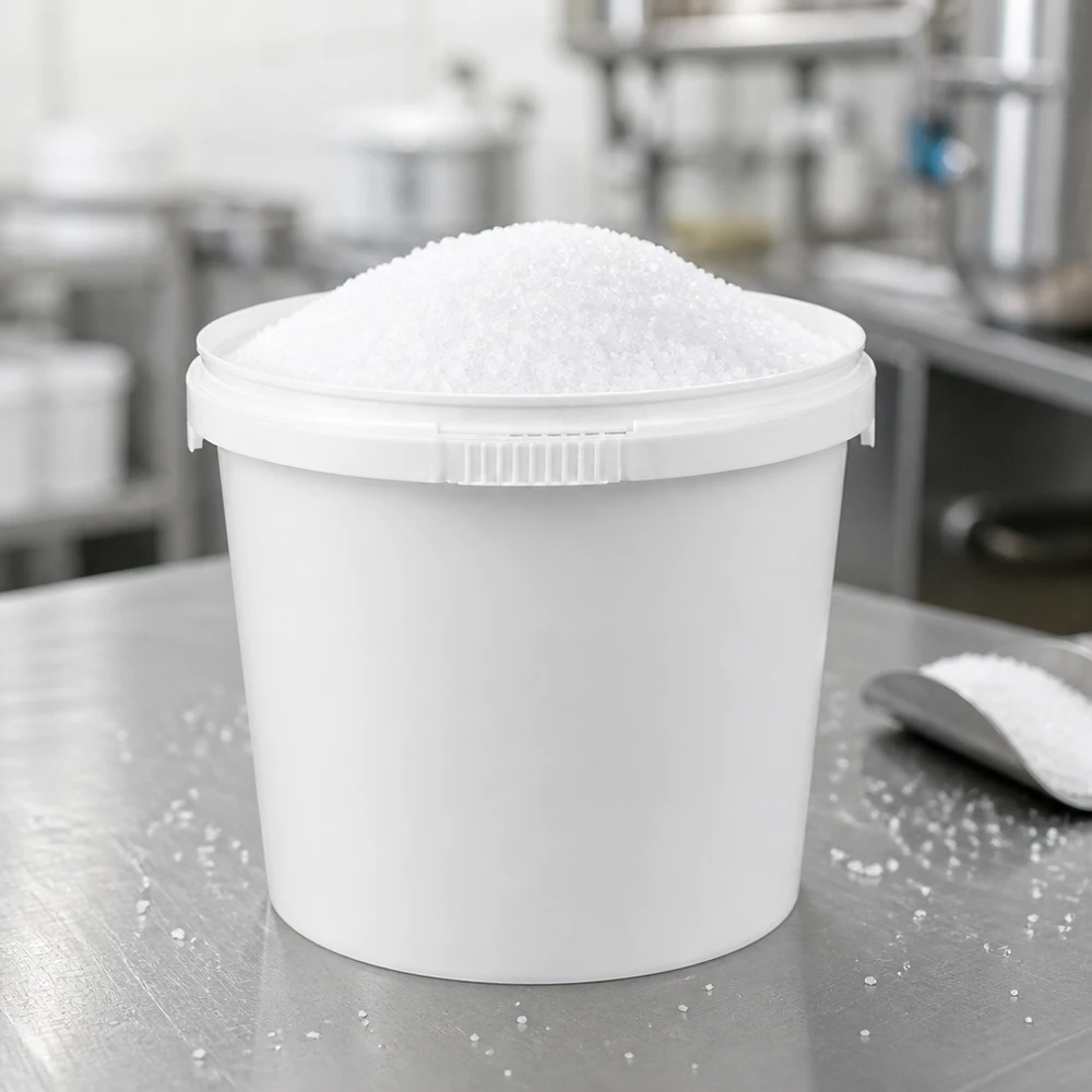 Lebensmittelechter Kunststoffeimer 1 Liter weiß befüllt mit grobem Salz in gewerblicher Küche