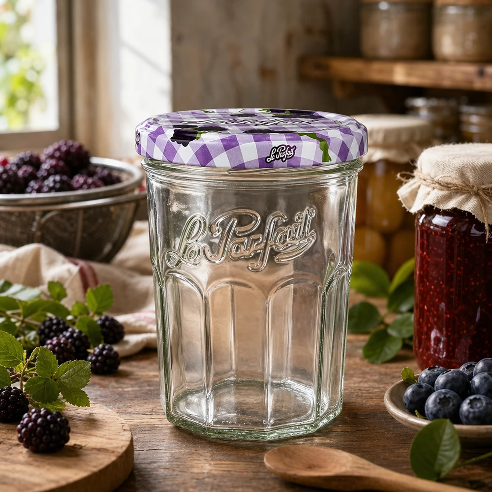 Le Parfait® Jam 385 ml Ø82 mm vaso marmellata Bicchieri Le Parfait da 385 ml in una cucina rustica decorata con frutti di bosco freschi e marmellata fatta in casa