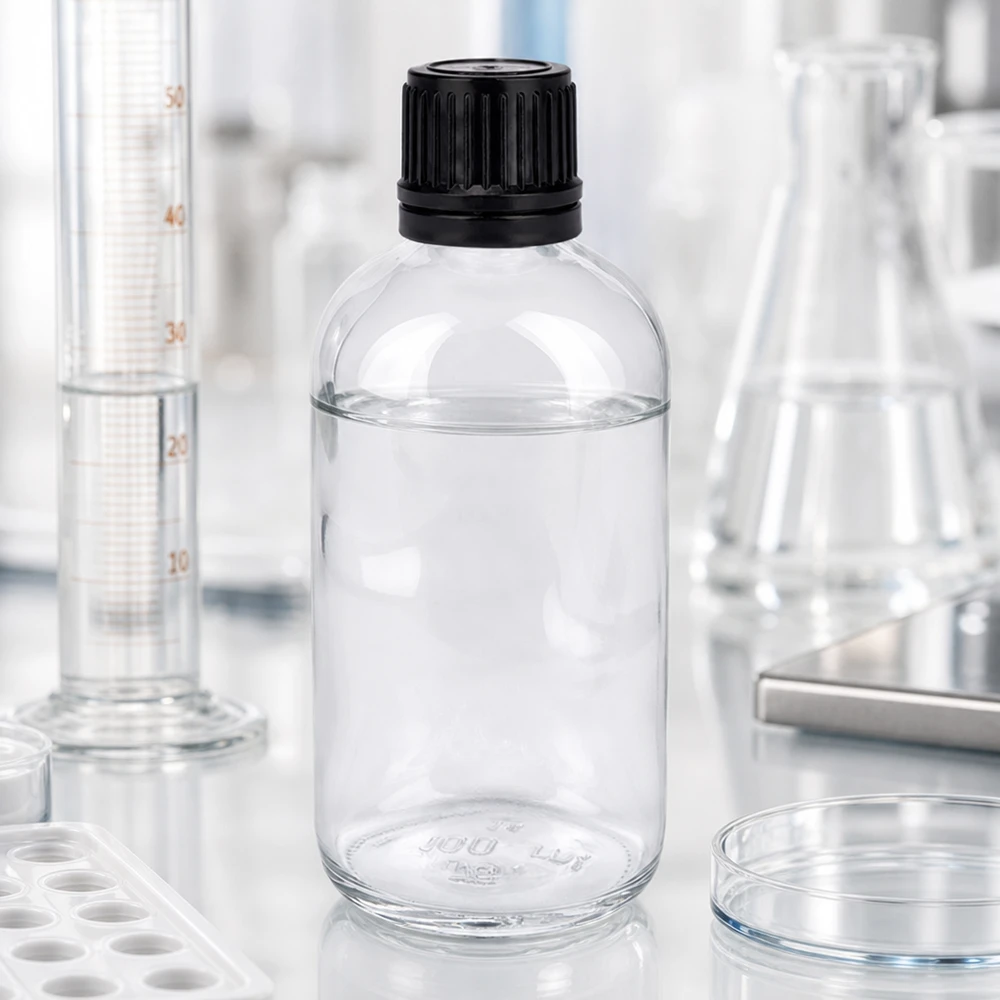 Fiaschetta da laboratorio trasparente da 100 ml con flaconcino per globuli da 8 mm e tappo in plastica nera