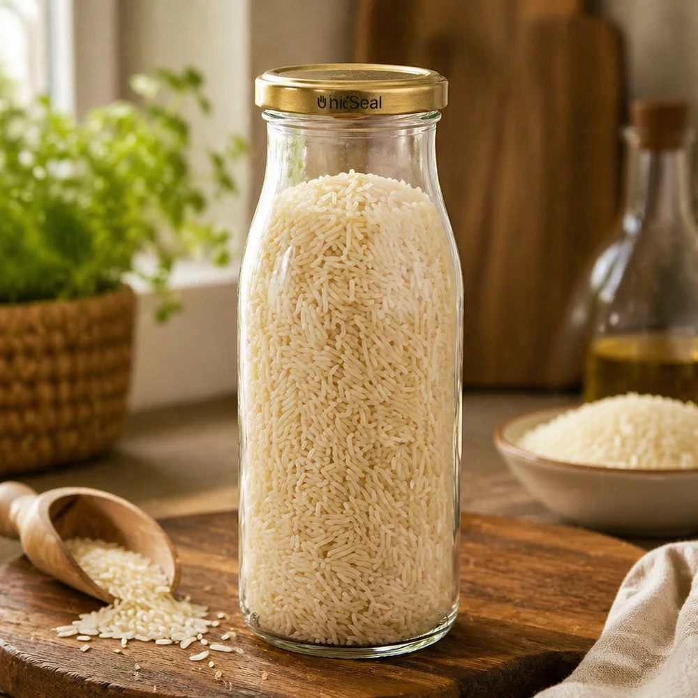 UNiTWIST Glasflasche 150ml mit Reis gefüllt goldener TO43 BioSeal Deckel Vorratsaufbewahrung Küche Holzschaufel