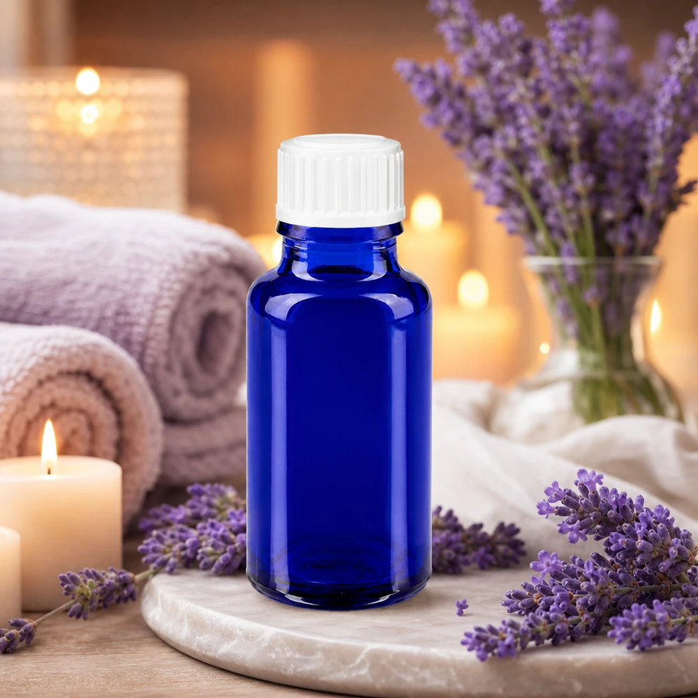 Apothekenflasche blau 20ml Schraubverschluss weiß Standard Blaue Tropfflasche 20ml Glas weißer Verschluss für Lavendelöl und Essenzen