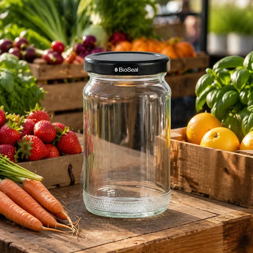 UNiTWIST Runda110 leeres Einmachglas mit schwarzem TO48 BioSeal Deckel umgeben von frischem Obst und Gemüse