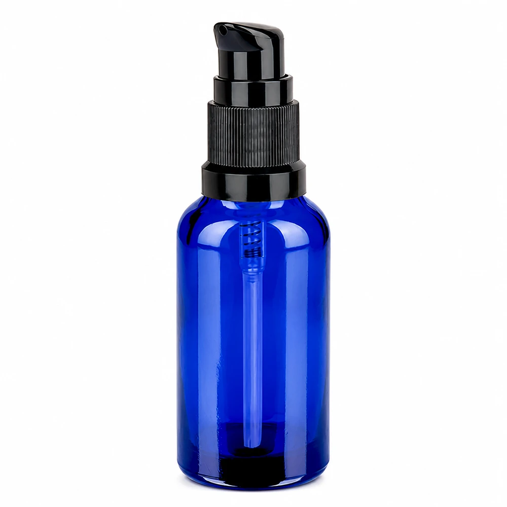 Flacone a pompa sottile blu con capacità di 30 ml e pulsante di dosaggio nero per liquidi