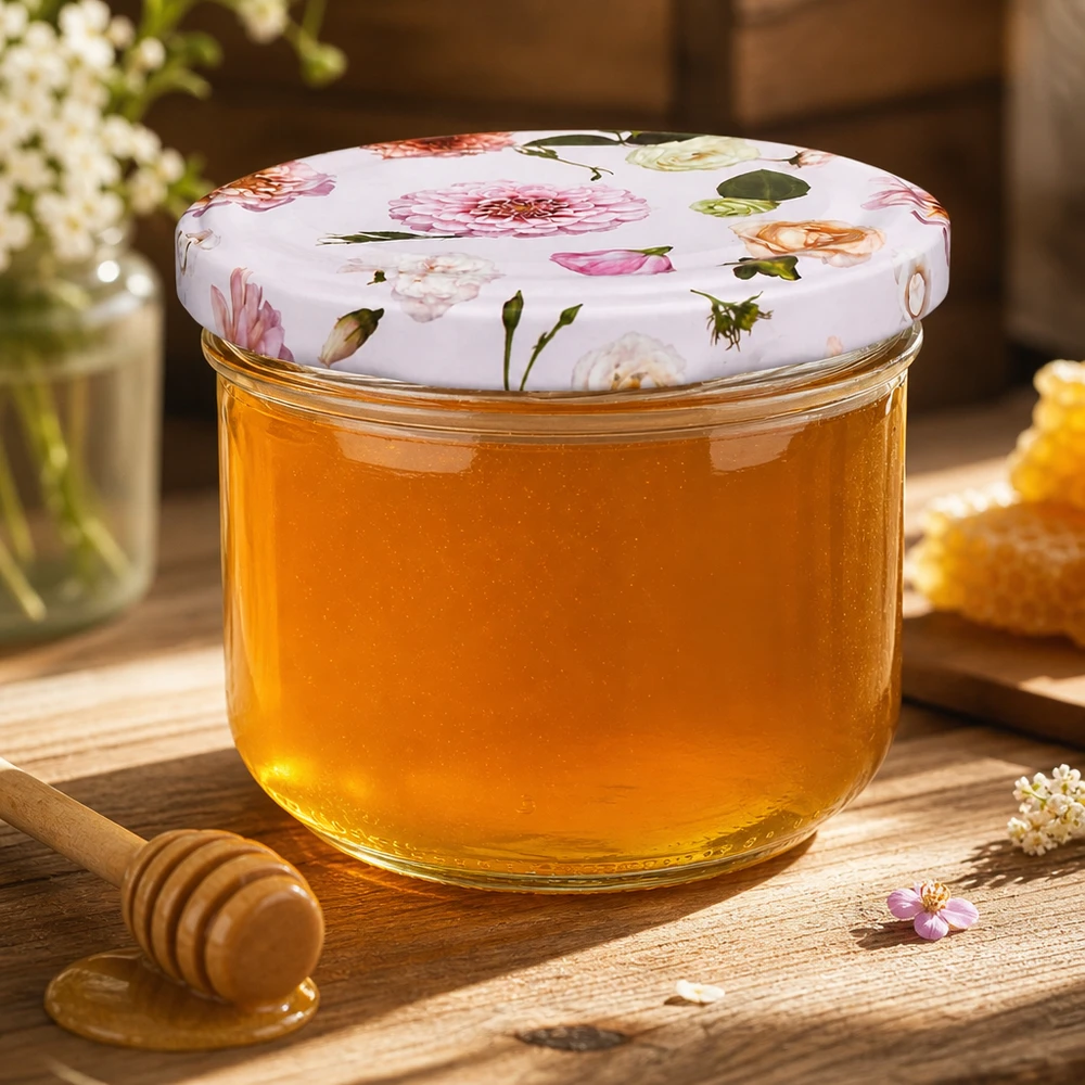260ml Sturzglas + BasicSeal Deckel Blume rosa UNiTWIST Sturzglas 260ml mit rosa Blütendeckel gefüllt mit Honig neben Honiglöffel - dekorative Aufbewahrung für süße Leckereien
