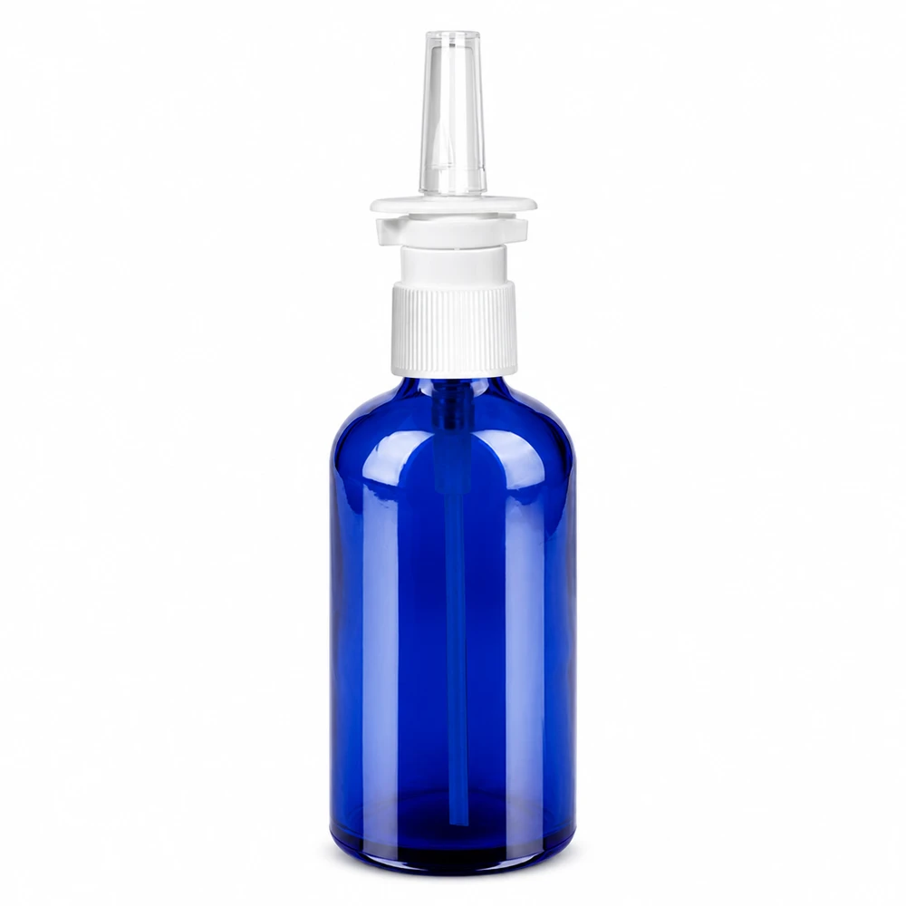 Flacone spray nasale in vetro blu da 100 ml con attacco spray bianco per applicazioni mediche