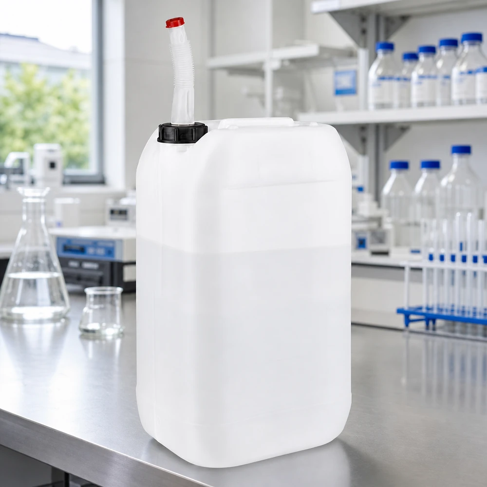 Bidon 15 litres avec tuyau d'écoulement Flex Bidon de laboratoire de 15 L avec bouchon à vis noir et bec verseur souple en PEHD