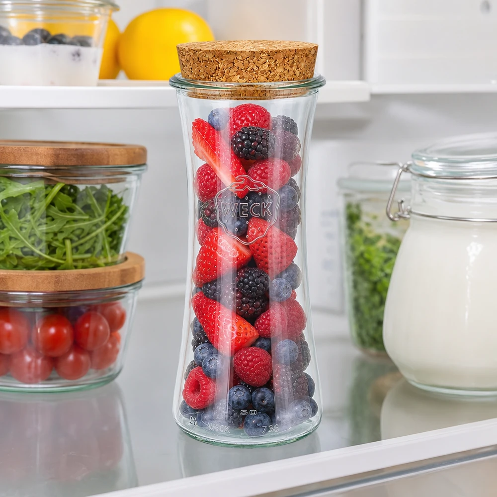 Vaso da 700 ml per gastronomia WECK RR80 con tappo in sughero naturale WECK RR80 vaso di conservazione 700ml con coperchio in sughero riempito di frutti di bosco in frigorifero tra altri vasi di conservazione con verdure
