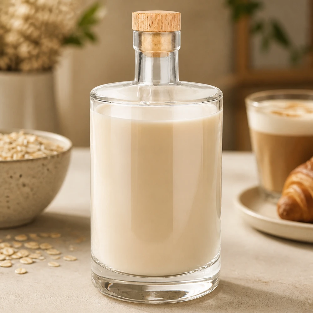 Bottiglia in vetro da 700 ml Marie con tappo in sughero con impugnatura in legno UNiTWIST® Bottiglia in vetro Marie da 700 ml con contenuto di latte d'avena cremoso e tappo in legno accanto a fiocchi d'avena e tazza di caffè