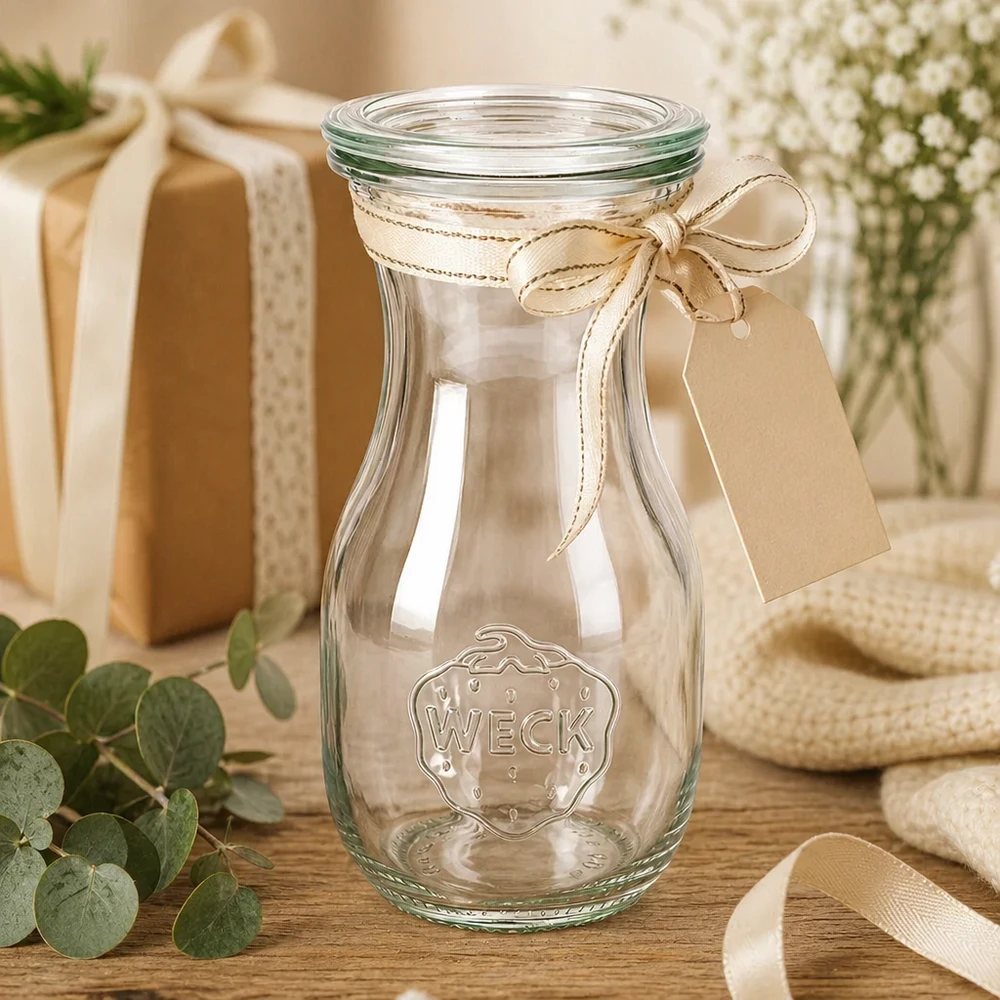 Bouteille à jus de 290 ml avec couvercle en verre WECK RR60 WECK Saftflasche 290ml RR60 als Geschenkidee dekoriert mit Schleife und Anhänger neben Geschenkbox und Blumen