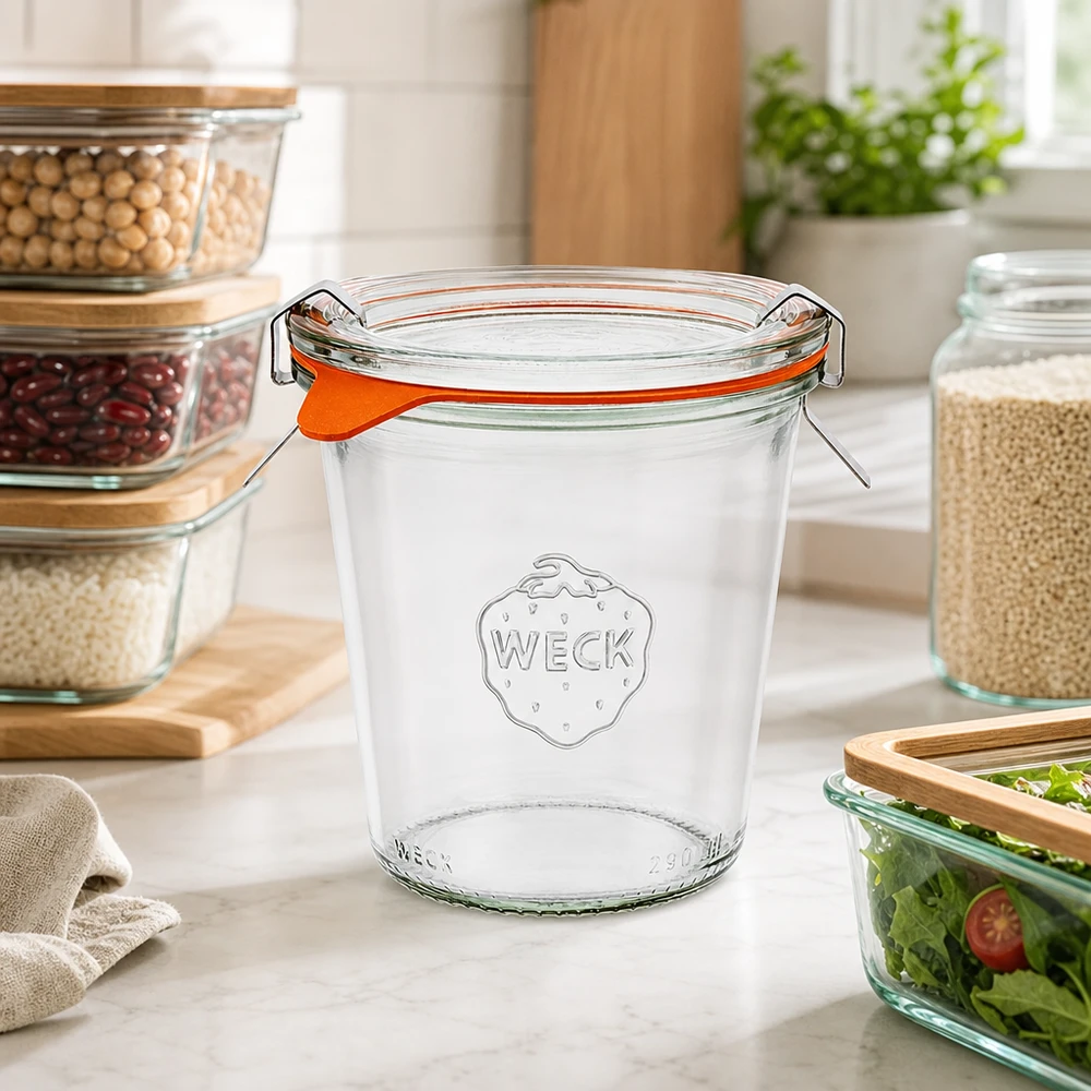 290ml Sturzglas hoch komplett WECK RR80 WECK Einmachglas 290ml RR80 mit orangem Gummiring und Bügelverschluss in moderner Küche mit Vorratsgläsern