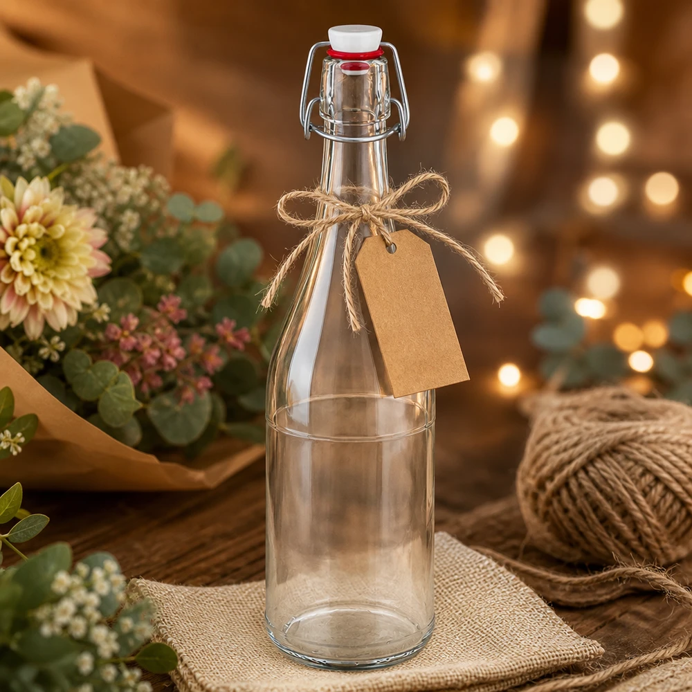 Bottiglia in vetro da 750 ml + tappo a battente in PVC UNiTWIST Bottiglia di vetro 750ml swing top PVC UNiTWIST confezione regalo carta artigianale ciondolo decorazione rustica