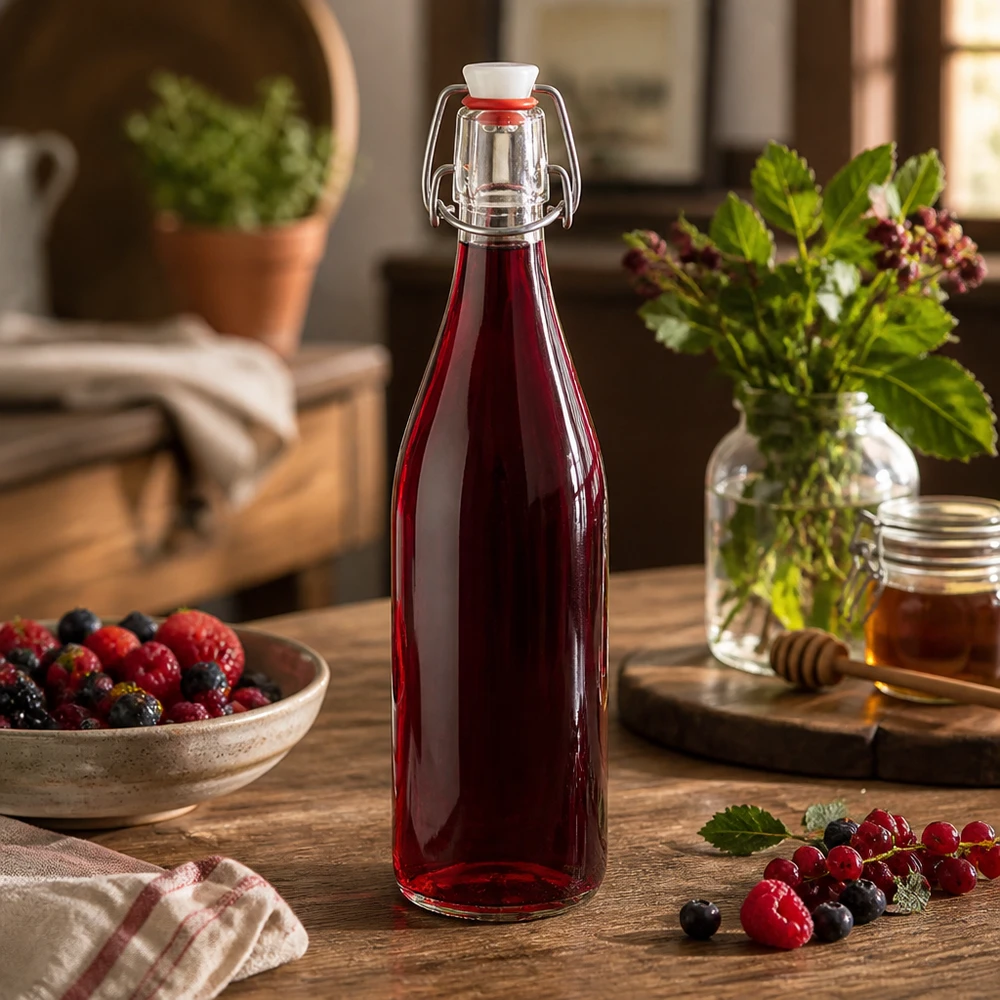 Bottiglia di vetro da 500 ml + tappo oscillante in porcellana UNITWIST Bottiglia di vetro da 500 ml con tappo oscillante contenente succo di bacche rosse su un tavolo di legno accanto a bacche fresche e miele in cucina