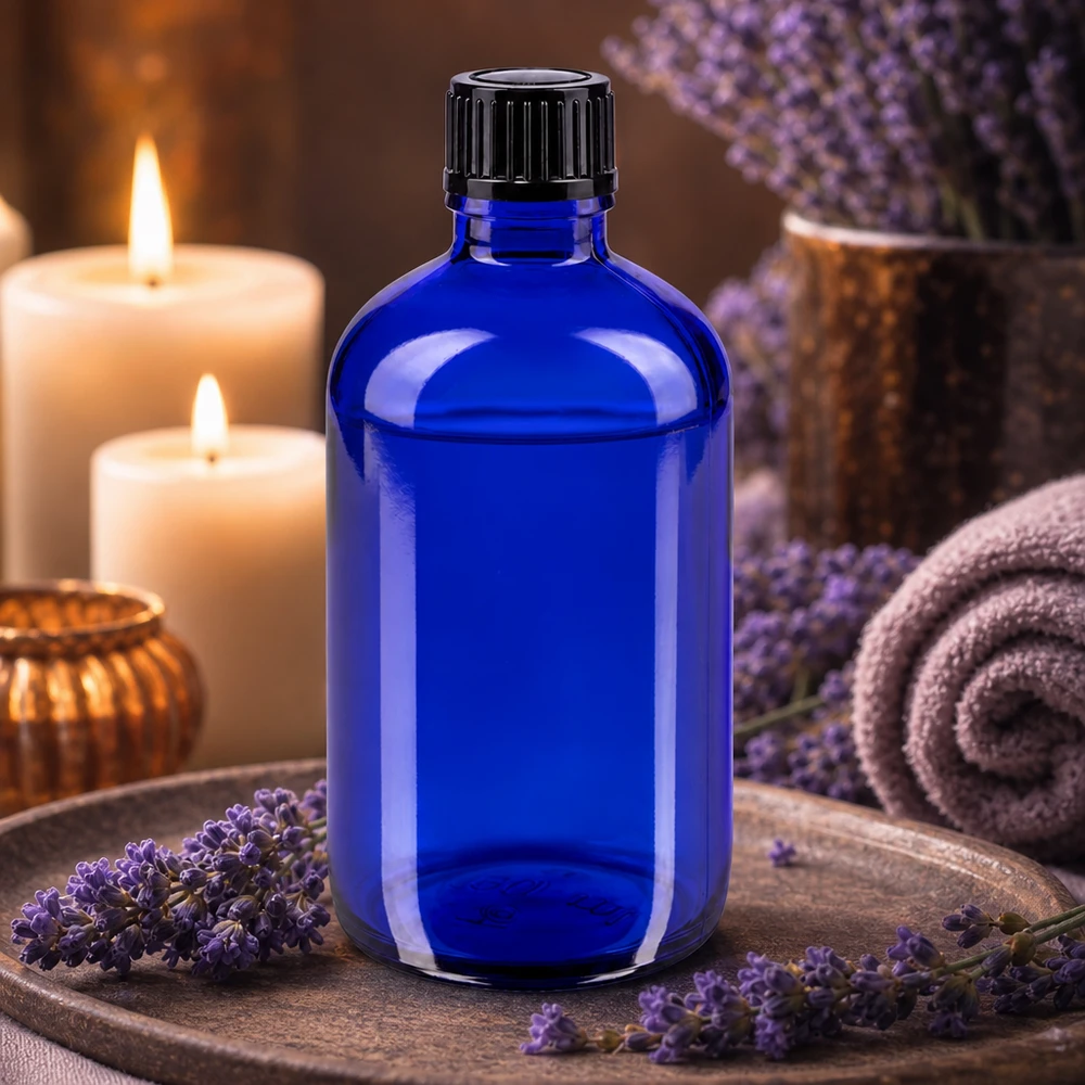 Flacon de pharmacie bleu 100ml bouchon compte-gouttes 1mm noir Std Élégant flacon compte-gouttes de 100 ml en verre d'apothicaire bleu cobalt, muni d'un embout de précision de 1 mm