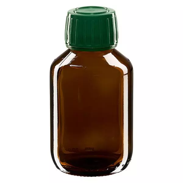 100ml Medizinflasche braun, Verschluss grün mit Originalitätsring ApoGlas