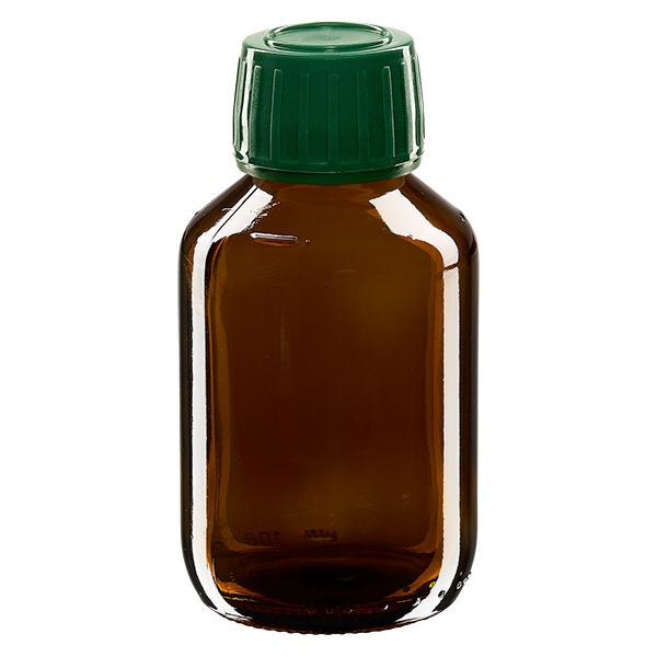 Flacone per medicinali da 100 ml marrone, tappo verde con chiusura antimanomissione Flacone per medicinali da 100 ml marrone, tappo verde con chiusura antimanomissione