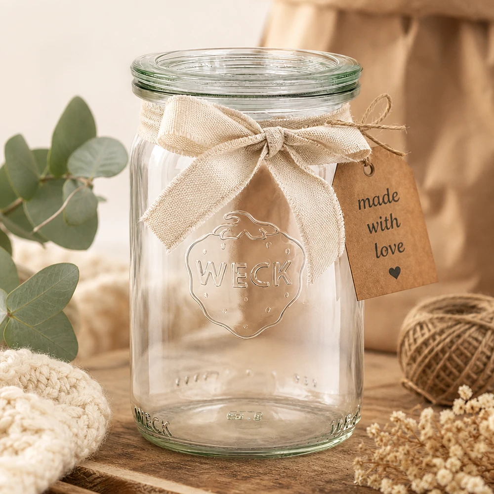 WECK 145ml barattolo cilindrico RR40 decorato con nastro di iuta e ciondolo Made with Love in un'atmosfera accogliente