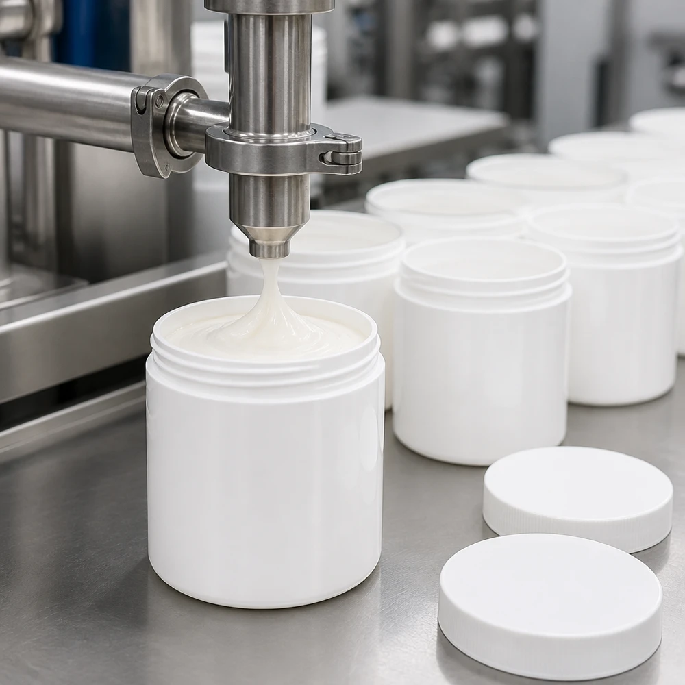 Remplissage automatisé de pots à pommade cylindriques de 500 g en PP blanc avec une pâte onctueuse