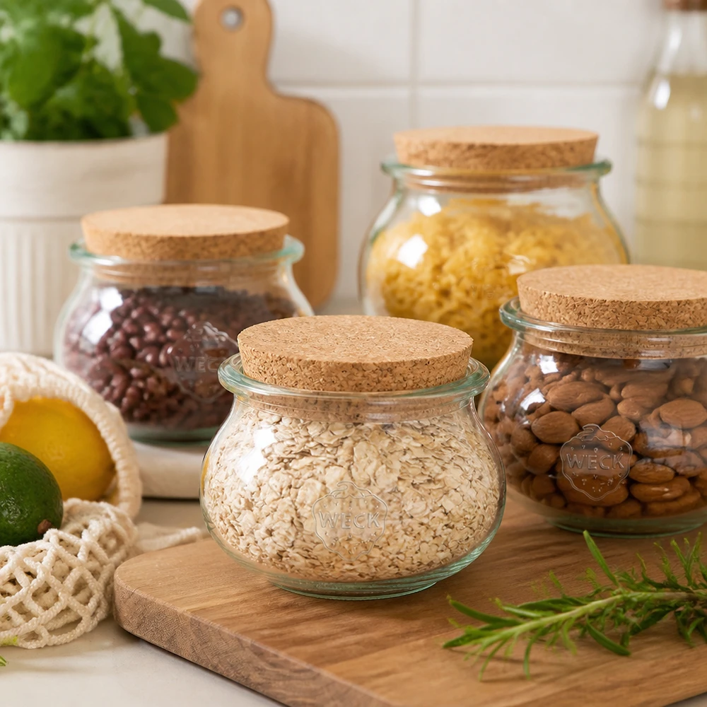 560ml Schmuckglas WECK RR80 mit Korken natur WECK Schmuckglas 560ml RR80 mit Korkdeckel Aufbewahrungsset für Haferflocken Nüsse Hülsenfrüchte Küchenorganisation