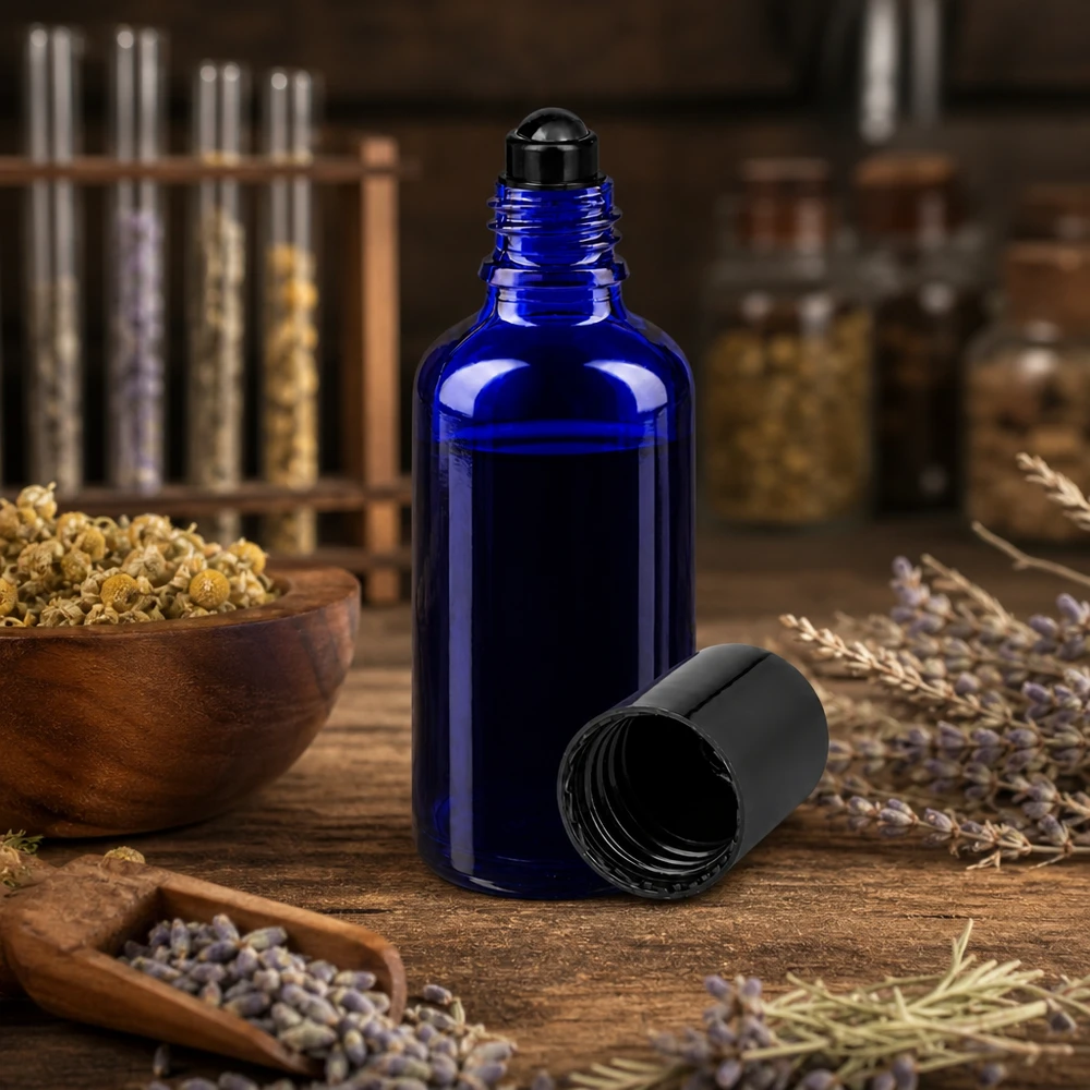 50ml blaue Roll-On Flasche aus UV-Schutzglas mit Kräuterdeko für Naturkosmetik und Aromatherapie