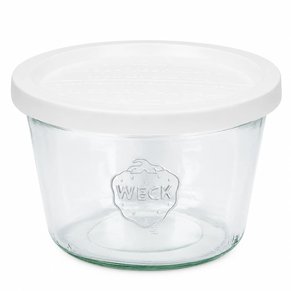 Vaso di vetro da 370 ml con coperchio salva-freschezza WECK RR100 WECK Vaso da 370 ml con coperchio bianco RR100 Vaso in vetro trasparente per la conservazione e lo stoccaggio