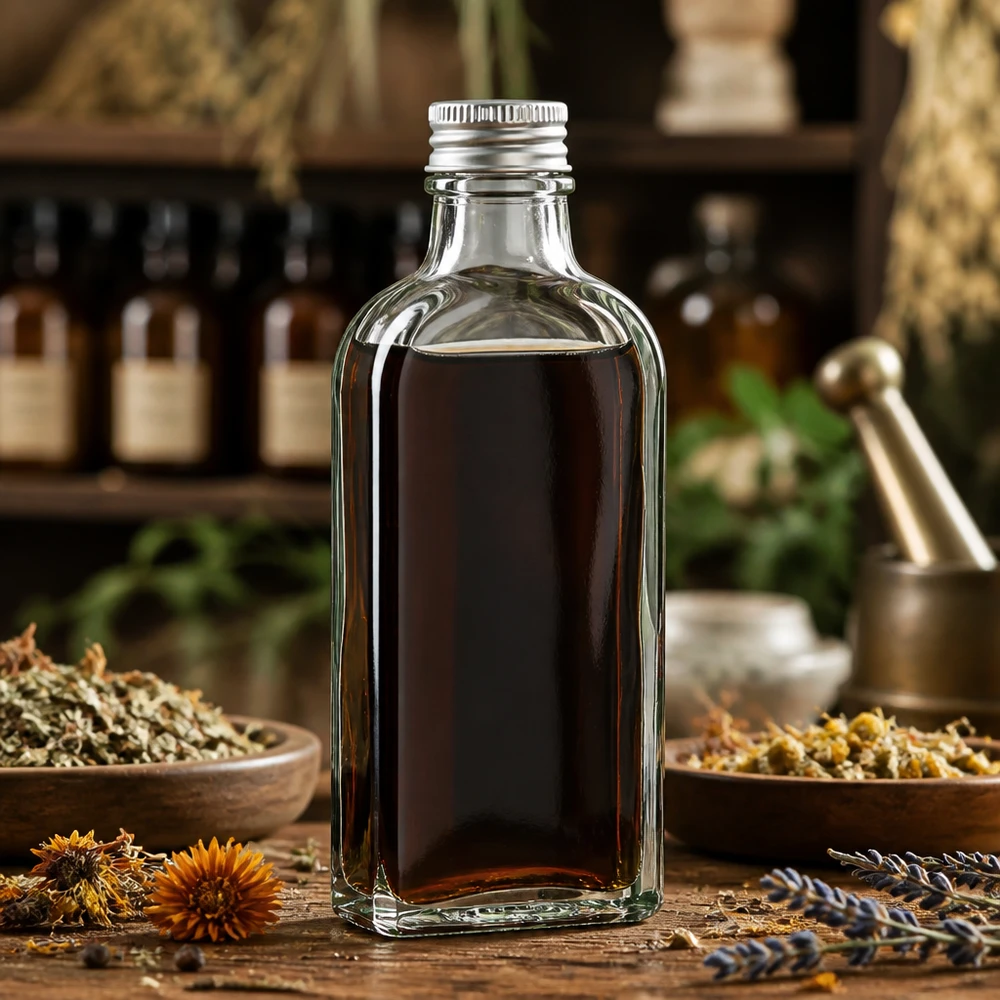 Flacone trasparente da 100 ml con fondo piatto e tappo in alluminio DIN22, circondato da erbe medicinali