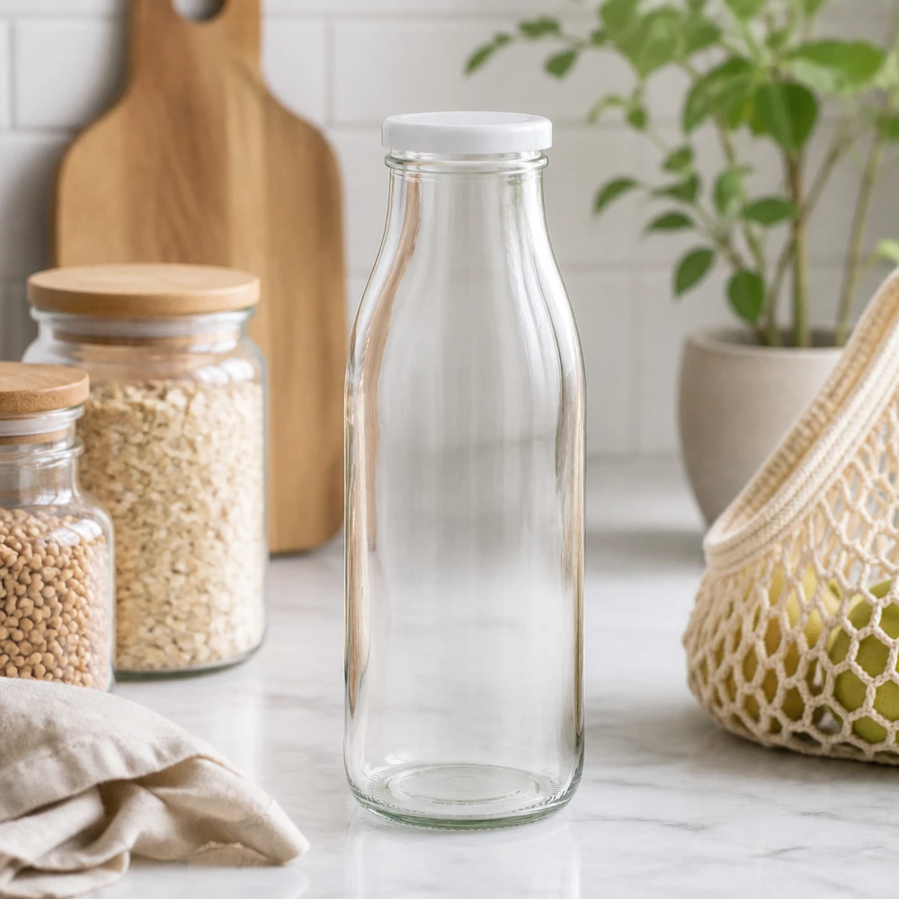 Bottiglia di vetro da 500 ml vuota in un ambiente di cucina naturale con vasi e piante Scatto di stile di vita