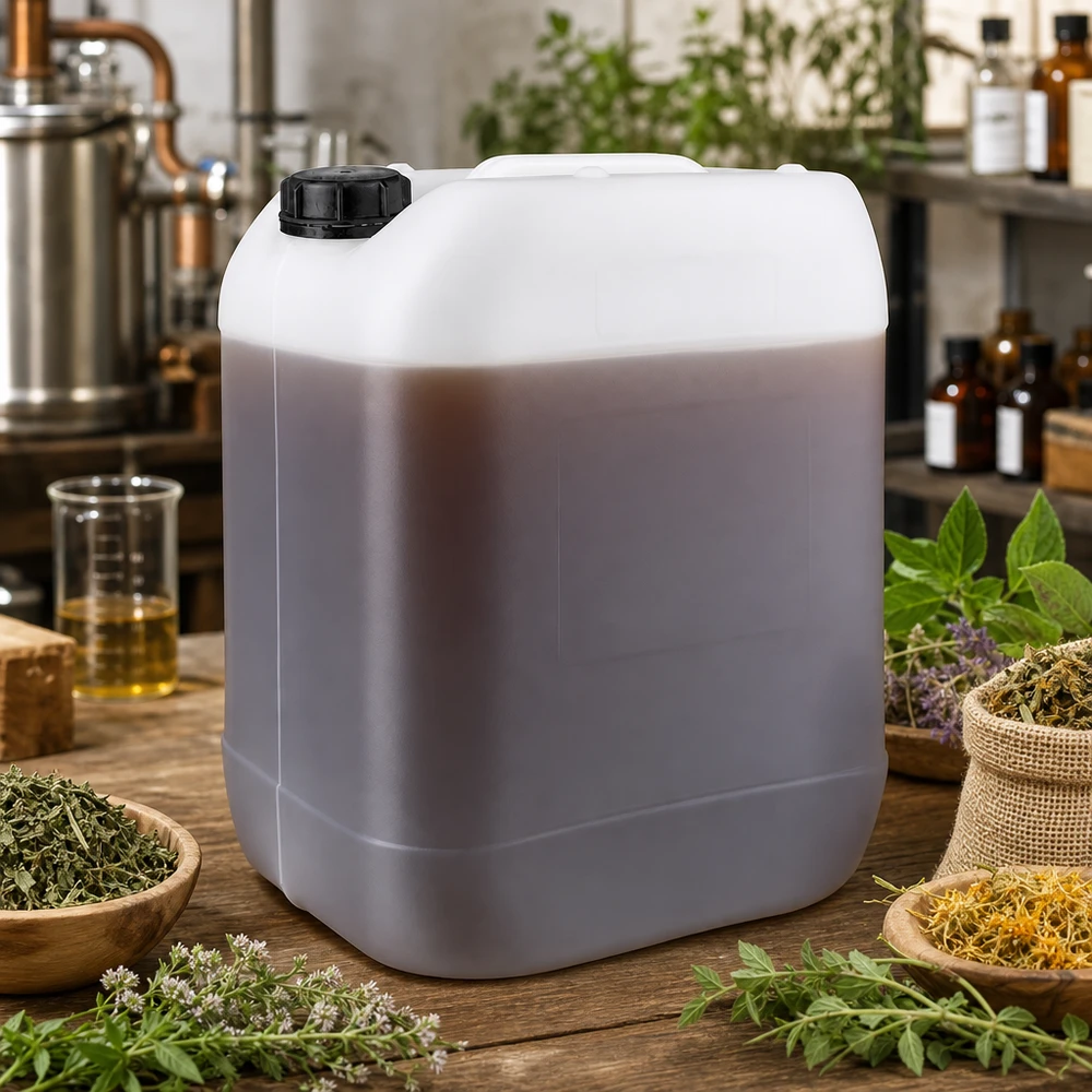 Jerrican de 20 litres avec bouchon à vis Bidon transparent de 20 litres contenant un produit brun et muni d'un bouchon à vis noir