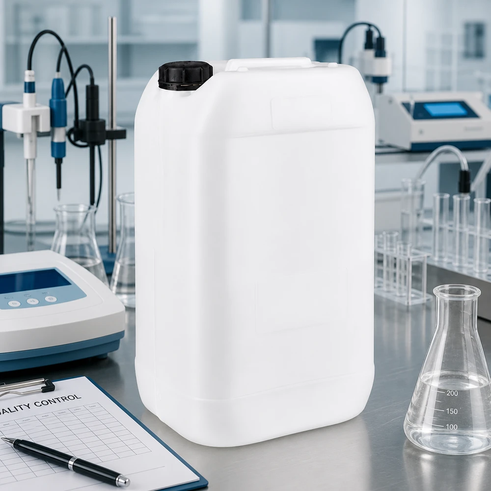 Jerrican de 15 litres avec bouchon à vis Bidon vide de 15 litres muni d'un bouchon d'origine, posé sur une table en acier inoxydable dans un laboratoire moderne