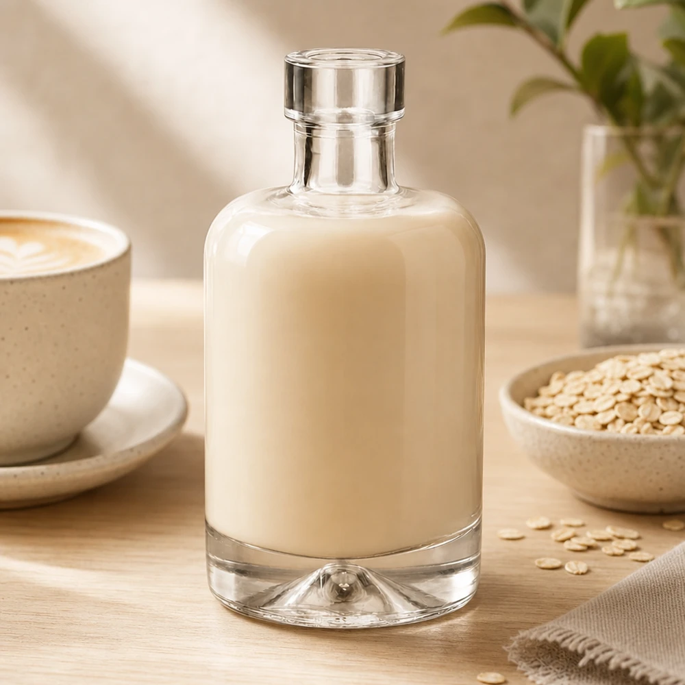 Bottiglia di vetro da 50 ml di Amelie riempita di latte d'avena circondata da fiocchi d'avena mostra l'uso di un'alternativa di latte a base vegetale