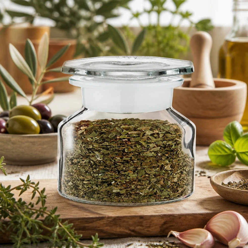 Piccolo barattolo di vetro trasparente con erbe aromatiche accanto a olive, aglio e un mortaio