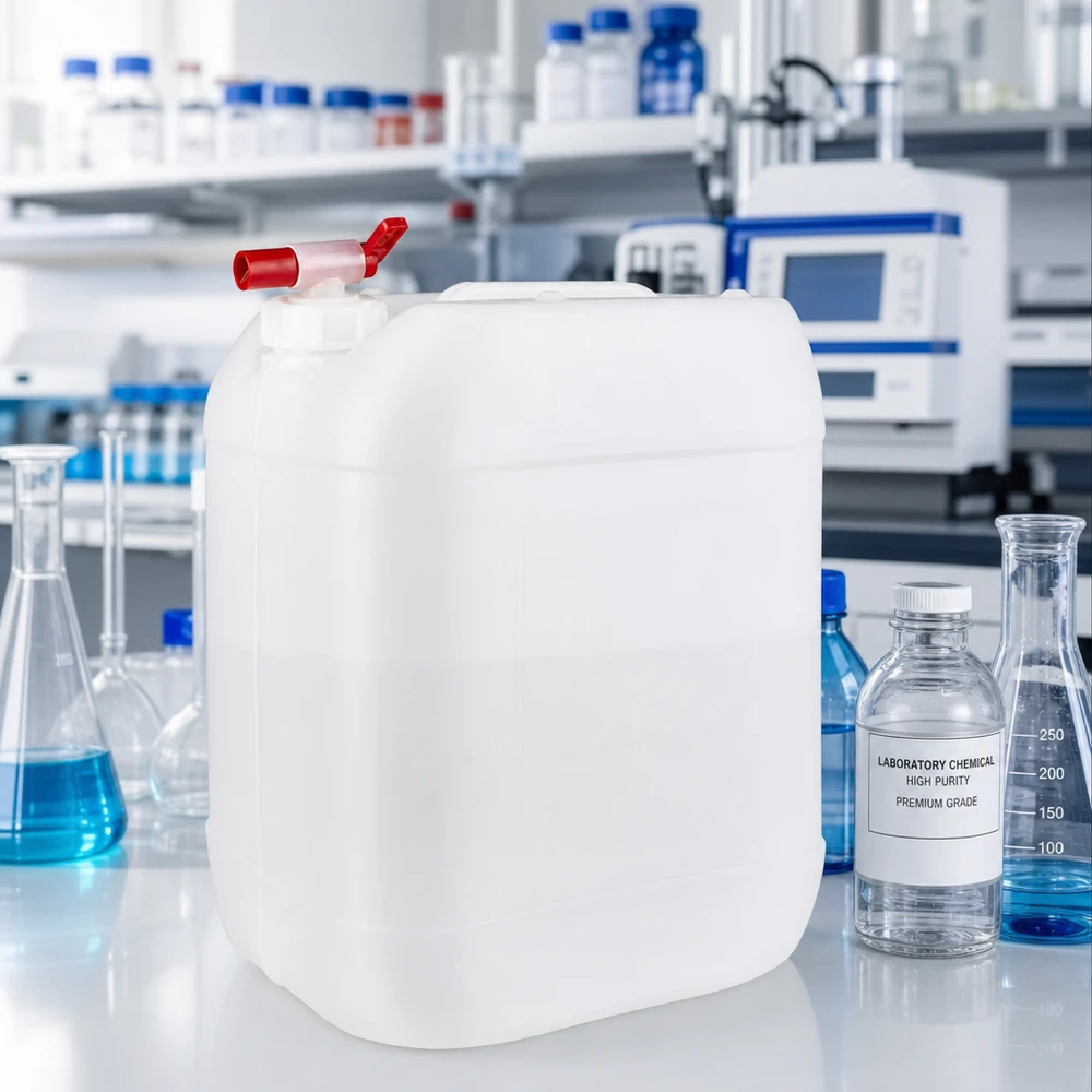 Jerrican de 20 litres avec robinet Bidon rectangulaire de 20 litres avec bouchon à vis et robinet rouge, utilisé en laboratoire