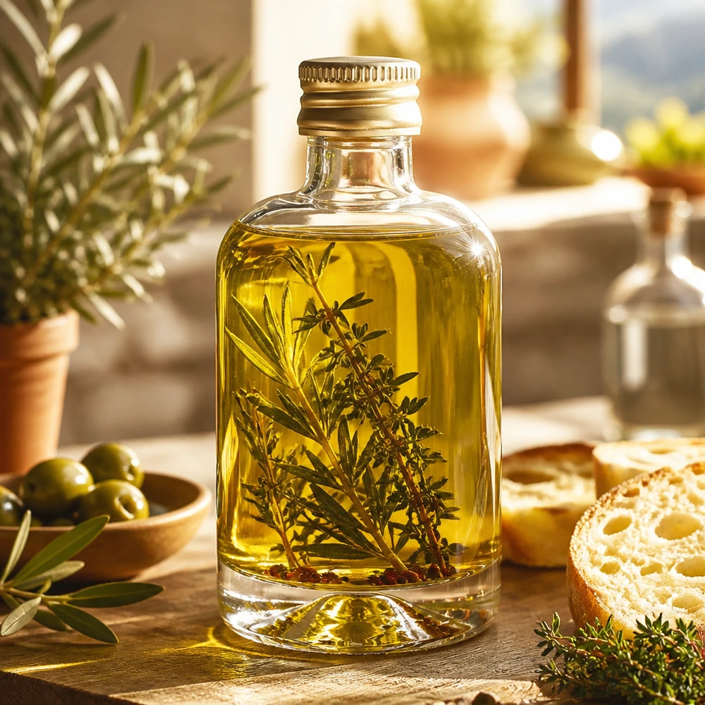 Bottiglia in vetro da 40 ml Sara con tappo a vite dorato UNiTWIST® Bottiglia in vetro Sara da 40 ml con olio alle erbe e rametti di rosmarino - tappo UNiTWIST dorato in stile mediterraneo