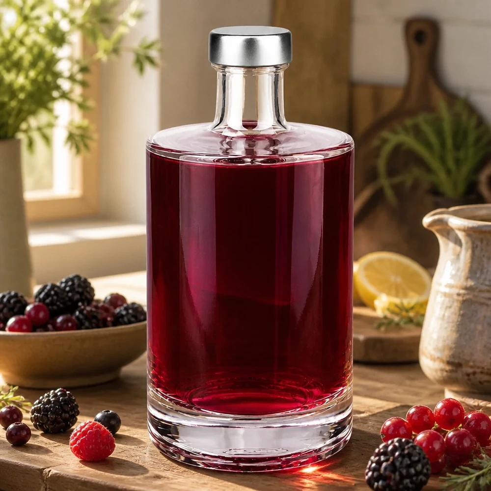 Bottiglia in vetro da 500 ml Sam e tappo a vite argento UNiTWIST® 500ml Glasflasche Sam mit rotem Beerenlikör gefüllt zwischen Waldbeeren und Küchenutensilien natürliches Licht