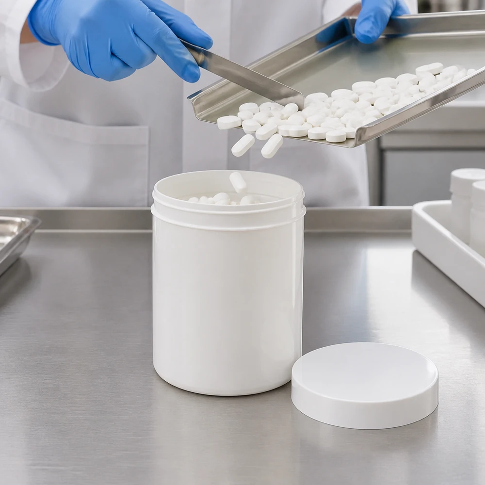 Conditionnement médical dans un pot en PP blanc de 300 g avec bouchon à vis, posé sur une table en acier inoxydable