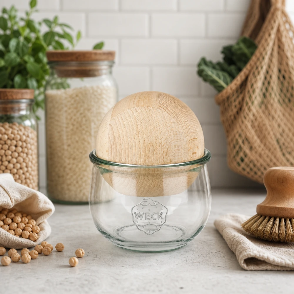 Vaso a tulipano da 580 ml WECK RR100 con sfera in legno di faggio Vaso a tulipano da 580 ml WECK RR100 con sfera in legno di faggio